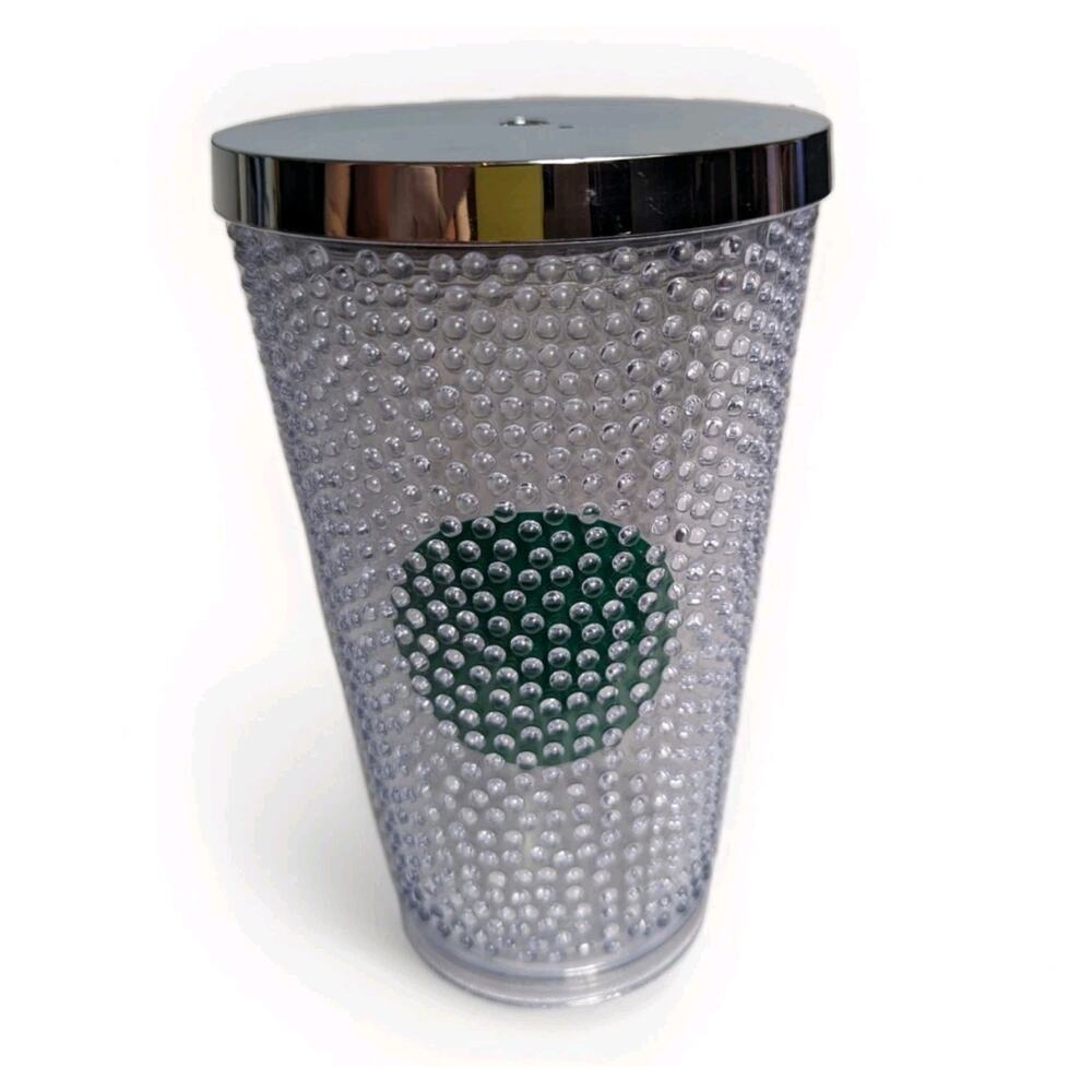 2014 Starbucks Cold Cup Coffee Pebble Studded Green Dot 16 oz Tumbler Silver Lid